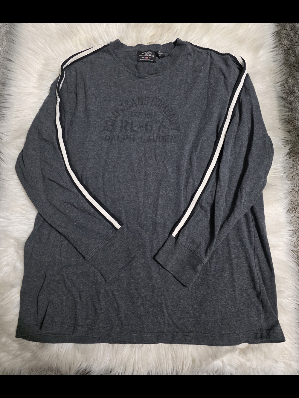 Ralph Lauren Charcoal Gray Long Sleeve Crew with White Sleeve Stripes